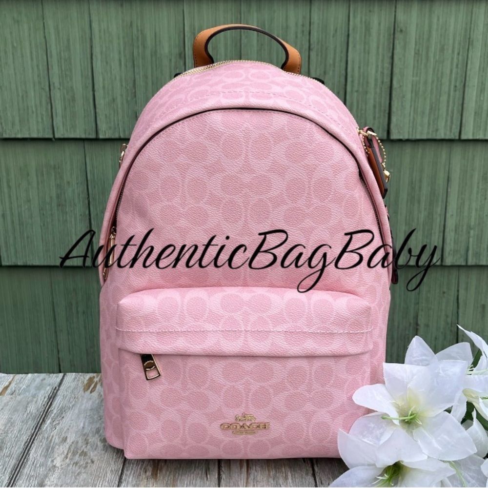 Coach Taylor Small Backpack In Signature Canvas With Charms Bag Powder Pink